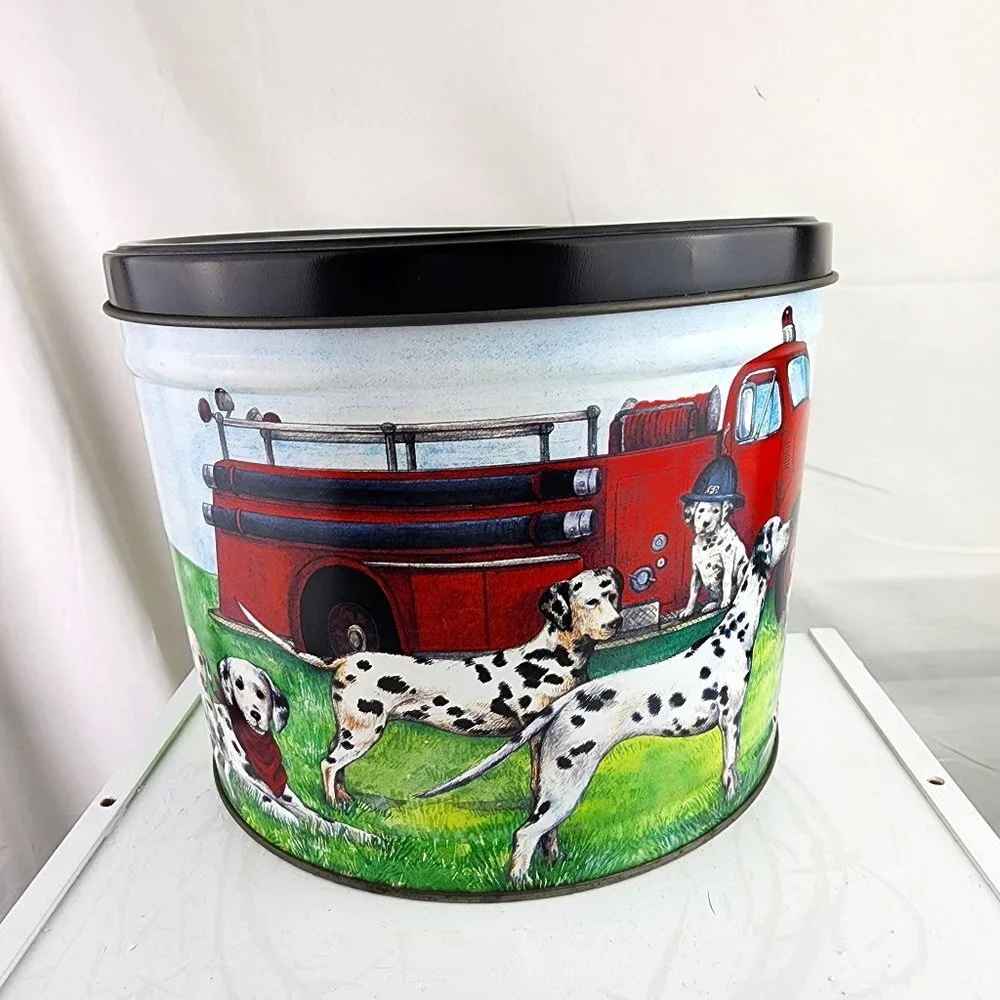 Bertels Can Company Fire Engine Dalmations Collectible Large Tin